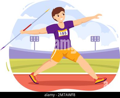 Javelin lancio atleta Illustrazione utilizzando un lungo strumento a forma di lancia per lanciare attività sportive piano Cartoon modello disegnato a mano Illustrazione Vettoriale