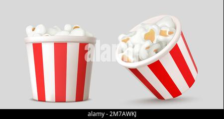 Set di secchi popcorn vista laterale e dall'alto isolato su sfondo bianco. Rappresentazione vettoriale realistica di scatole di cartone a strisce rosse e bianche piene di corn flakes schioccati. Snack salato o dolce al cinema Illustrazione Vettoriale