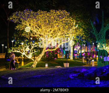 Putrajaya, Malesia - 18 luglio 2022 luci a LED sugli alberi nel giardino. Festa delle fata al neon con i visitatori. Foto Stock