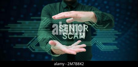 Cartello che mostra truffa Senior. Concetto che significa truffe che si rivolgono allo stile di vita e al risparmio degli anziani Foto Stock