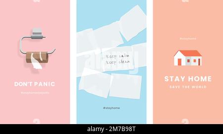 Rimani a casa e rimani sicuro covid-9 awareness set vettore Illustrazione Vettoriale