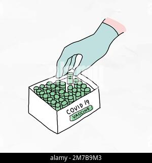 Illustrazione del doodle del vettore di distribuzione del vaccino Covid-19 per gli studi clinici Illustrazione Vettoriale