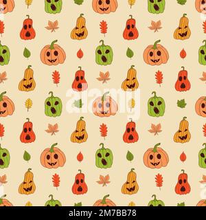 Carino motivo di zucca senza cuciture. Illustrazione vettoriale in stile disegnato a mano Illustrazione Vettoriale