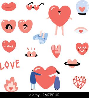 Set di illustrazioni vettoriali di San Valentino disegnate a mano con un labbro, occhi, occhiali da sole, palla di vetro, foro, , uomo, ragazza, gente abbraccia, font, connetti punto, costume, mq Illustrazione Vettoriale