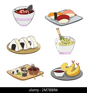 Un set di sushi e onigiri su un piatto, tagliatelle di ramen e gamberi tempura. illustrazione vettoriale su sfondo bianco. Illustrazione Vettoriale