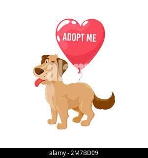Adottilo, cucciolo dell'animale domestico del cane con il cuore di palloncino, ricovero degli animali e icona del vettore centrale di adozione. Cute cane divertente cane cucciolo con Adopt Me cuore palloncino per i cani abbandonati e senza tetto adozione casa Illustrazione Vettoriale
