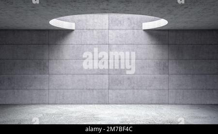 interno astratto in cemento con grande apertura circolare sul soffitto. rendering 3d Foto Stock
