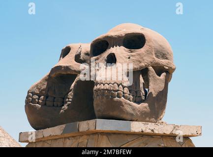 Arusha, Tanzania. 22nd Set, 2022. Il Monumento alla gola di Olduvai nel Parco Nazionale di Serengeti. Il Monumento della Gola di Olduvai è costituito da grandi modelli di Paranthropus boisei e Homo habilis che riposano su una piattaforma di pietra. Il parco nel nord del paese è uno dei parchi nazionali più conosciuti e più grandi del mondo e fa parte del patrimonio naturale dell'umanità dell'UNESCO. Credit: Soeren Stache/dpa/Alamy Live News Foto Stock