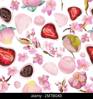 Acquerello senza cuciture con dolci giapponesi tradizionali disegnati a mano. Wagashi, mochi, sakura fioriscono. Isolato su sfondo bianco. Inviti Foto Stock