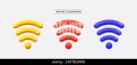Set di icone colorate per la rete wireless wifi 3D. raccolta di elementi di progettazione realistici. illustrazione vettoriale in stile cartoon minimal Illustrazione Vettoriale