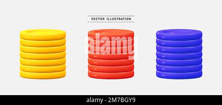 Monete colorate pila 3D icona set. raccolta di elementi di progettazione realistici. illustrazione vettoriale in stile cartoon minimal Illustrazione Vettoriale