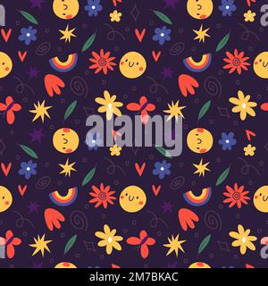 Ripetizione senza giunture con simboli positivi. Divertenti adesivi hippy. Sorrisi e cuori. Emozioni felici. Fiori estivi e arcobaleni carini. Cartelli colorati. Ottimista Illustrazione Vettoriale