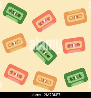 Retro Y2K cassette da discoteca motivo senza cuciture in colori pastello. L'audio della radio registra diversi vecchi concetti musicali. Illustrazione Vettoriale