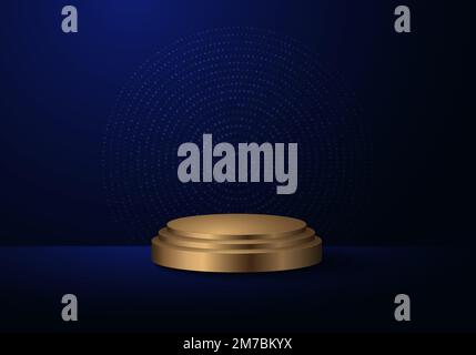Astratto techno futuristico cyber stage di cerchi digitali blu halftone. Decorazione con podio dorato su sfondo centrale. Vettore Illustrazione Vettoriale