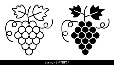 Icona lineare, grappolo succoso di uva con foglie e tendoli. Alimentazione di frutta e alimentazione sana. Semplice vettore bianco e nero isolato su sfondo bianco Illustrazione Vettoriale