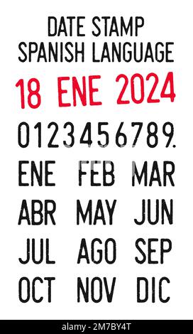 Illustrazione vettoriale dei timbri delle date modificabili in lingua spagnola (giorni, mesi, anni) Illustrazione Vettoriale