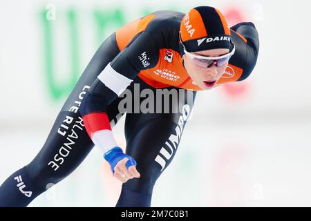 Hamar 20230108.Antoinette Rijpma - de Jong in azione durante i 5.000 metri tutto tondo per le donne durante i Campionati europei di Pattinaggio di Domenica. Foto: Christoffer Andersen / NTB Foto Stock