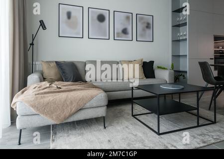 Appartamento moderno con soggiorno con divano e tavolo da pranzo Foto Stock