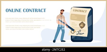 Landing Page Template.Man Firma Contratto Online.Digital Electronic Signature Concept.Adult Man mettere l'accesso in documento legale su enorme telefono cellulare screen.White sfondo piatto Vector Illustration Illustrazione Vettoriale