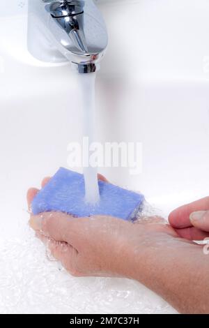 La donna lava le mani sotto acqua corrente e sapone Foto Stock