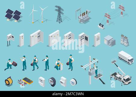 Icone elettriche isometriche con pannelli solari, centrali elettriche, fili ad alta tensione, quadri elettrici, trasformatori, quadri di distribuzione, e. Illustrazione Vettoriale