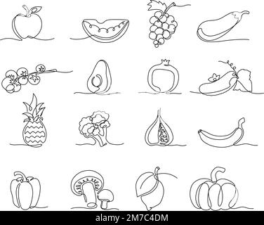 Una linea di verdure e frutta. Generi alimentari disegnati a mano, cibo vegano sano e naturale linea continua vettore Illustrazione Set Illustrazione Vettoriale