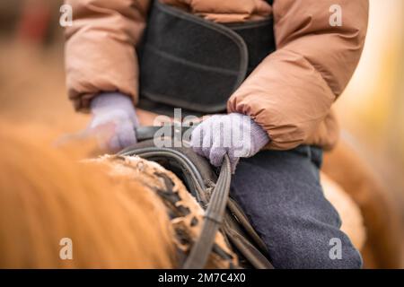 Vista ravvicinata delle mani nei guanti durante la lezione di equitazione per bambini. Ragazza di tre anni cavalca un pony e fa esercizi Foto Stock