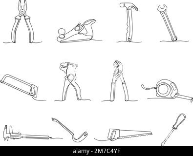 Utensili di costruzione a una linea. Martello tirato a mano, pinze, metro a nastro, chiave, sega, palanchino e cacciavite. Set vettoriale attrezzi di riparazione Illustrazione Vettoriale
