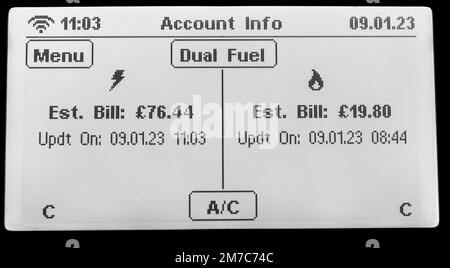 Home Smart Meter che mostra la fatturazione a doppia stima del carburante per la fornitura domestica di gas ed elettricità Foto Stock