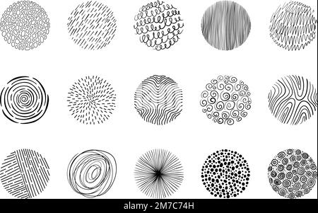 Forme astratte disegnate a mano. Sfondo circolare minimalista con motivo a doodle, linee tratteggiate a spirale e set vettoriale curve arricciate Illustrazione Vettoriale