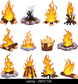 Falò cartoon. Falò di legno, legna da ardere e fossa da fuoco in pietra di campo. Impilare i tipi di legna da ardere e spegnere il vettore di illustrazione set Illustrazione Vettoriale