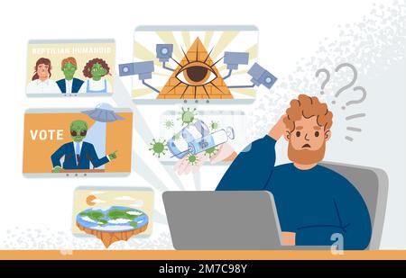 Idee di cospirazione e notizie false. La persona preoccupata legge disinformazione e teorie false segrete Cartoon vettore Illustrazione Illustrazione Vettoriale