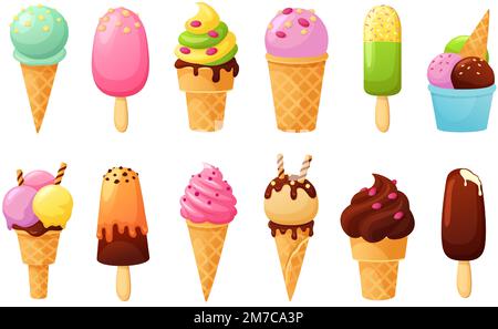 Gelato al cartone animato. Gustoso ghiaccio di frutta, dolci sundaes estivi in cono e freddo delizioso gelato vettore set illustrazione Illustrazione Vettoriale
