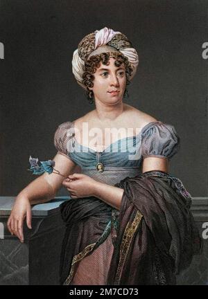 Portrait de Madame de Stael, Anne Louise Germaine Necker, baronne de Stael Holstein (1766-1817), ecrivaine francaise. Gravure d'apres le tableau de Francois Gerard Foto Stock