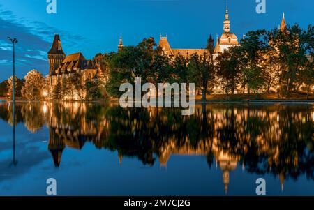 Il Castello di Vajdahunyad riflesso nelle acque galleggianti del lago. Questo forte si trova nel parco cittadino di Budapest Ungheria. Il parco della città è centro culturale w Foto Stock