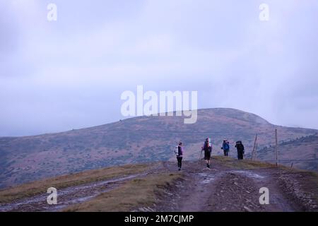 CARPAZI MONTAGNE, UCRAINA - 8 OTTOBRE 2022 Monte Dragobrat. Carpazi in Ucraina in nebbia giorno d'autunno. I turisti camminano attraverso le colline per salire fino alla cima del monte Dragobrat Foto Stock