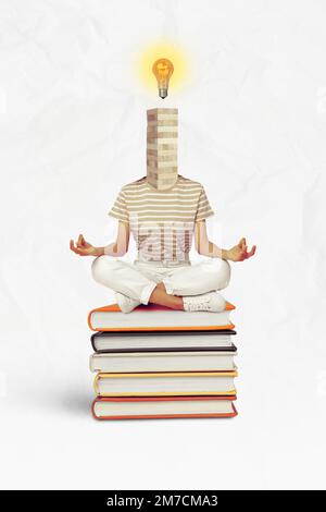 Collage foto di giovane senza testa assurda donna seduta meditazione sit stack libri jenga idea mentalità lampadina isolata su sfondo di colore bianco Foto Stock