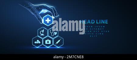 Sistema sanitario. Icone mediche su esagoni fatto piramide e mano che tiene l'elemento superiore. Piano sanitario, tecnologia digitale per il servizio ai pazienti, ai Illustrazione Vettoriale