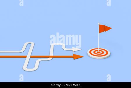 Strategia aziendale. Le frecce di direzione indicano un'icona di destinazione. Obiettivi di marketing e pianificazione per il successo nel business, obiettivi di vita, spazio libero. Rendering 3D Foto Stock