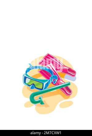 Set per immersioni. Maschera, pinne e snorkeling. Snorkeling. Illustrazione vettoriale in stile piatto. Illustrazione Vettoriale