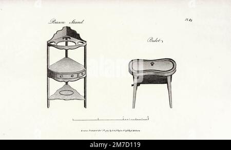 Dalla guida del produttore dell'armadietto e del tappezziere; o, repository dei disegni per ogni articolo della mobilia domestica nel gusto più nuovo e più approvato che Visualizza una grande varietà di modelli da A. Hepplewwhite e Co Pubblicazione data 1897 Ristampa. Pubblicato originariamente: Londra : I. E J. Taylor, 1794 Foto Stock