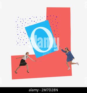 Collage d'arte contemporanea. Due donne che giocano a badminton. Idee, ispirazione, creatività. Concetto di amicizia femminile, emozioni, notizie, pettegoleazioni. Foto Stock