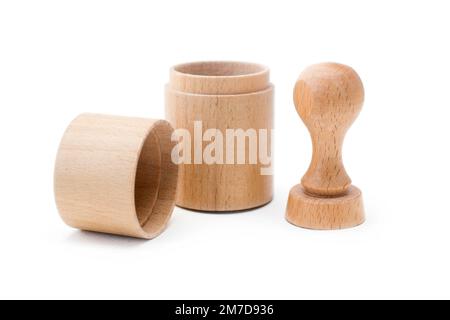 Francobollo in legno con la scatola isolata su sfondo bianco Foto Stock