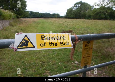 Un cartello di avvertimento posto su un cancello int eh campagna britannica che avverte il camminatore di un toro nel campo davanti a loro. Foto Stock