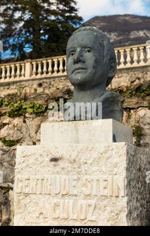 Una statua raffigurante un busto ritratto di Gertrude Stein (3 febbraio 1874 – 27 luglio 1946) un romanziere, poeta, drammaturgo e collezionista americano. Nato a Pittsburg, in seguito residente a Culoz (come ebreo che vive nei nazisti occupati) Francia. La statua si trova nei giardini di Culoz in Francia. (133) Foto Stock