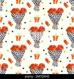 Motivo senza cuciture con fiori di gerbera su sfondo bianco. Mazzi senza cuciture per carta da imballaggio, cartoleria e tessuti. Illustrazione Vettoriale