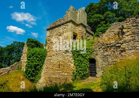 Resti del castello di Pickering a motte e bailey fortificazione nel Nord Yorkshire Inghilterra Regno Unito originariamente costruito dai Normanni nel 1070. Foto Stock