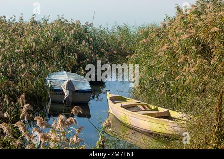 Eskikaraagac, Bursa - Ottobre 2022: Barche ormeggiate sul lago, tra le canne Foto Stock