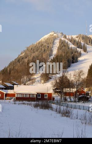 Beautiful little wooden mountain houses, huts with a ski slope surrounded by forest on a sunny winter day. Skiing resort in Sweden, Funasdalen covered Foto Stock