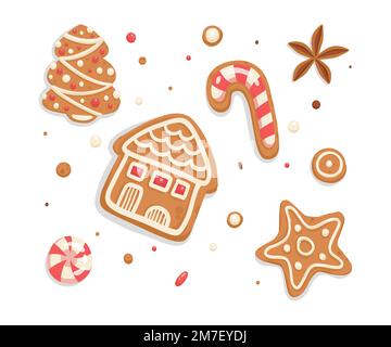 Pani di zenzero, set di biscotti di Natale. Pane allo zenzero di Natale, biscotti di forme diverse con glassa di zucchero dolce. Festa dessert, panetteria. Piatto Illustrazione Vettoriale